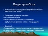 Виды тромбоза. Артериальный (повреждение эндотелия и местное изменение тока крови). Сердечный (в камерах сердца): - воспаление клапанов; - повреждение пристеночного эндокарда; турбулентный кровоток и стаз в предсердиях. Венозный. - Тромбофлебит (результат острого воспаления вен). - Флеботромбоз (оче