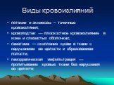 Виды кровоизлияний. петехии и экхимозы – точечные кровоизляния; кровоподтек — плоскостное кровоизлияние в коже и слизистых оболочках; гематома — скопление крови в ткани с нарушением ее целости и образованием полости; геморрагическая инфильтрация — пропитывание кровью ткани без нарушения ее целости