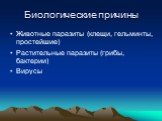 Биологические причины. Животные паразиты (клещи, гельминты, простейшие) Растительные паразиты (грибы, бактерии) Вирусы