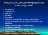 Установки, детерминированные конституцией. потребности, способности, интересы, желания, искушения, проблемы алкоголизма, курения, наркомании, предрасположенность (не предрасположенности) к болезням личные предпочтения в образе жизни, духовные установки, психический мир знаний, эмоций и воли, поведен