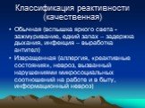 Классификация реактивности (качественная). Обычная (вспышка яркого света - зажмуривание, едкий запах – задержка дыхания, инфекция – выработка антител) Извращенная (аллергия, «реактивные состояния», невроз, вызванный нарушениями микросоциальных соотношений на работе и в быту, информационный невроз)