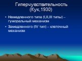 Гиперчувствительность (Кук,1930). Немедленного типа (I,II,III типы) – гуморальный механизм Замедленного (IV тип) – клеточный механизм