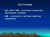 Антитела. IgA, IgG и IgM – антитела к вирусам, бактериям, грибкам. IgE – антитела к глистам и другим паразитам.