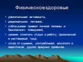 Физическое здоровье. двигательная активность, рациональное питание, соблюдение правил личной гигиены и безопасного поведения, умение сочетать отдых и работу, физический и умственный труд отказ от курения, употребления алкоголя и наркотиков, других вредных привычек.