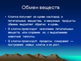 Обмен веществ. Клетка получает из крови кислород и питательные вещества, а ненужные продукты обмена выделяет обратно в кровь. В клетке происходит окисление питательных веществ, или сгорание их, с выделением животной теплоты. В клетке происходят процессы созидания — построения новых клеток и их рост.