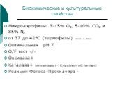 Биохимические и культуральные свойства. Микроаэрофилы 3-15% О2, 5-10% СО2 и 85% N2 от 37 до 42°С (термофилы) искл. C. fetus Оптимальная рН 7 O/F тест -/- Оксидаза+ Каталаза+ (есть каталаза (-) С. sputorum и С. concisus) Реакция Фогеса-Проскауэра -