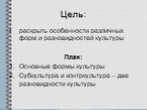 Цель: раскрыть особенности различных форм и разновидностей культуры План: Основные формы культуры Субкультура и контркультура – две разновидности культуры