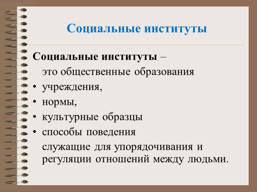 Социальные институты организуют человеческую деятельность устанавливая образцы поведения