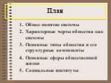 План. Общее понятие системы Характерные черты общества как системы Основные типы общества и его структурные компоненты Основные сферы общественной жизни Социальные институты