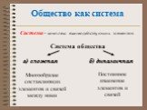 Общество как система. Система – комплекс взаимодействующих элементов. Система общества а) сложная б) динамичная. Многообразие составляющих элементов и связей между ними. Постоянное изменение элементов и связей