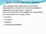 Зоны очага ядерного взрыва. Для определения характера возможных разрушений, объема и условий проведения аварийно-спасательных и других неотложных работ очаг ядерного поражения условно делят на четыре зоны: полных, сильных, средних, слабых разрушений.