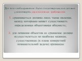 1. сравниваться должны лишь такие явления, между которыми может существовать определенная объективная общность; 2. для познания объектов их сравнение должно осуществляться по наиболее важным, существенным (в плане конкретной познавательной задачи) признакам. Для того чтобы сравнение было плодотворны