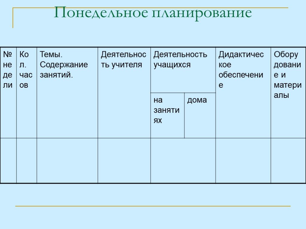 Понедельный план работы