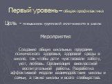 Первый уровень – общая профилактика. Цель - повышение групповой сплоченности в школе Мероприятия Создание общих школьных программ психического здоровья, здоровой среды в школе, так чтобы дети чувствовали заботу, уют, любовь. Организация внеклассной воспитательной работы. Разработка эффективной модел