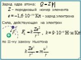 Заряд ядра атома: Z – порядковый номер элемента. e = –1,6·10–19 Кл – заряд электрона. Сила, действующая на электрон. , k = 9·10–9 Н·м/Кл2. по II-му закону Ньютона