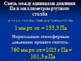 p = ρ g h = 9,8 Н/кг 13600 кг/м3 0,001м=133,3Па. Связь между единицами давления Па и миллиметром ртутного столба. 1 мм рт. ст. = 133,3 Па. Нормальным атмосферным давлением принято считать-. 760 мм рт. ст.=1013 г Па = 101,3 к Па