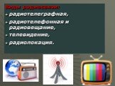 Виды радиосвязи: радиотелеграфная, радиотелефонная и радиовещание, телевидение, радиолокация.