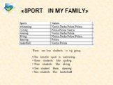 «SPORT IN MY FAMILY». There are four students in my group. Our favorite sport is swimming. Three students like cycling. Four students like diving . One student likes dancing. Two students like basketball