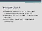 Функции сленга. «Языковая экономия», когда одно слово может заменить несколько понятий. Свидетельство принадлежности к групповой системе. Обеспечивает целостность молодежной субкультуры.