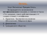 Гегель. Георг Вильгельм Фридрих Гегель. Возвращается к возможности метафизического познания, в отличии от Канта: «Что разумно, станет действительным» => «наука логики» = метафизика. Идеализм. Проявляется в понятии Абсолютного (Мирового) Духа Диалектика Гражданское общество.