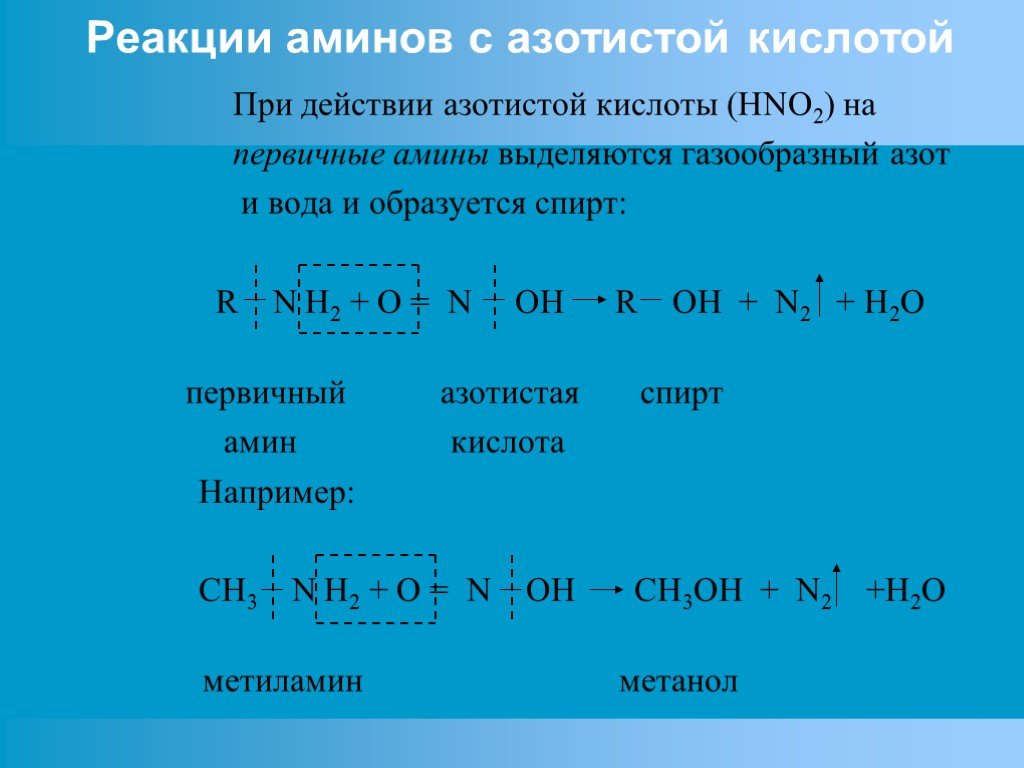 Раствор hno2. Реакция с азотистой кислотой (hno2).. Третичный Амин+hno2. Первичный Амин и азотистая кислота. Реакция первичных Аминов с азотистой кислотой.