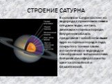 СТРОЕНИЕ САТУРНА. В основном Сатурн состоит из водорода, с примесями гелия и следами воды, метана, аммиака и «горных пород». Внутренняя область представляет собой небольшое ядро из горных пород и льда, покрытого тонким слоем металлического водорода и газообразным внешним слоем. Внешняя атмосфера пла