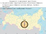 Определите по физической карте России: Как расположена территория России относительно Северного полярного круга, Северного тропика, экватора, Нулевого меридиана? Какие крайние точки ограничивают Россию?