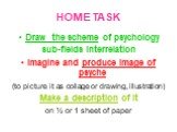 HOME TASK. Draw the scheme of psychology sub-fields interrelation Imagine and produce image of psyche (to picture it as collage or drawing, illustration) Make a description of it on ½ or 1 sheet of paper