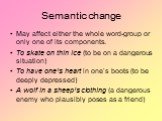 Semantic change. May affect either the whole word-group or only one of its components. To skate on thin ice (to be on a dangerous situation) To have one’s heart in one’s boots (to be deeply depressed) A wolf in a sheep’s clothing (a dangerous enemy who plausibly poses as a friend)