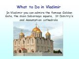 What to Do in Vladimir. In Vladimir you can admire the famous Golden Gate, the main Sobornaya square, St Dimitry's and Assumption cathedrals.