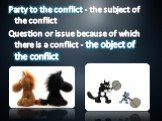 Party to the conflict - the subject of the conflict Question or issue because of which there is a conflict - the object of the conflict