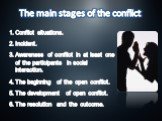 Conflict situations. Incident. Awareness of conflict in at least one of the participants in social interaction. The beginning of the open conflict. The development of open conflict. The resolution and the outcome. The main stages of the conflict