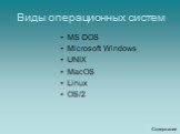 Виды операционных систем. MS DOS Microsoft Windows UNIX MacOS Linux OS/2