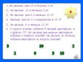 Во сколько раз 15 м больше 5 м? На сколько 15 м больше 5 м? Во сколько раз 6 л меньше 12 л? Сколько раз по 6 л содержится в 12 л? На сколько 6 л меньше 12 л? С одного участка собрали 9 мешков картофеля, а с другого 27. Во сколько раз меньше картофеля собрали с первого участка? На сколько кг больше с