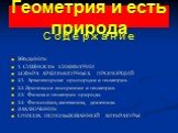 Геометрия и есть природа. С о д е р ж а н и е ВВЕДЕНИЕ 1. СУЩНОСТЬ СИММЕТРИИ 2.СФЕРА АРХИТЕКТУРНЫХ ПРОПОРЦИЙ 2.1. Архитектурные пропорции и геометрия. 2.2 Зрительное восприятие и геометрия. 2.3. Физика и геометрия природы. 2.4. Философия, математика, диалектика. ЗАКЛЮЧЕНИЕ СПИСОК ИСПОЛЬЗОВАННОЙ ЛИТЕ