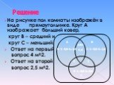 На рисунке пол комнаты изображён в виде прямоугольнике. Круг А изображает больший ковер, круг В – средний и круг С – меньший. Ответ на первый вопрос 4 м^2. Ответ на второй вопрос 2,5 м^2. А В 5-1-0,5-1=2,5 4-1-0,5-1=1,5 3-1-0,5-1=0,5 1 АВС 0,5