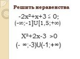 Решить неравенства. -2x²+x+3 0; X²+2x-3 >0 (-∞;-1]U[1,5;+∞) (- ∞;-3)U(-1;+∞)