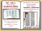 1452 – 1455 г.г. Напечатана 42-строчная Библия Иоганна Гутенберга. Всего было отпечатано 35 экземпляров на пергаменте и 165 на бумаге. Для Библии был отлит новый шрифт. Декор книги: инициалы, орнаменты воспроизводились от руки.