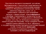 При этом он находится под защитой российских Дипломатических и консульских представительств. Гражданин пользуется политическими правами: правом на объединение в политические партии, различные общества; союзы и т, д.; правом мирно собираться для проведения митингов и демонстраций; правом обращаться с