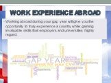 Work Experience Abroad. Working abroad during your gap year will give you the opportunity to truly experience a country while gaining invaluable skills that employers and universities highly regard.