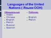 Languages of the United Nations ( Языки ООН). Официальные Arabic Chinese English French Russian Spanish. Рабочие: English French