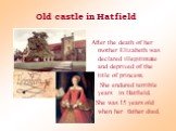 Old castle in Hatfield. After the death of her mother Elizabeth was declared illegitimate and deprived of the title of princess. She endured terrible years in Hatfield. She was 15 years old when her father died.