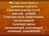 Существительное в древнеанглийском Категория рода (мужской, женский, средний) Категория числа (единственное, множественное) Категория падежа (именительный, родительный, дательный, винительный)