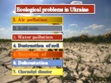 Ecological problems in Ukraine 1. Air pollution 2. Acid rain 3. Water pollution 4. Destruction of soil 5. Recycling of wastes 6. Deforestation 7. Chernobyl disaster
