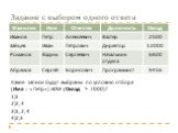 Задание с выбором одного ответа. Какие записи будут выбраны по условию отбора (Имя = «Петр») ИЛИ (Оклад > 7000)? 1 2, 4 1, 2, 4 2,3