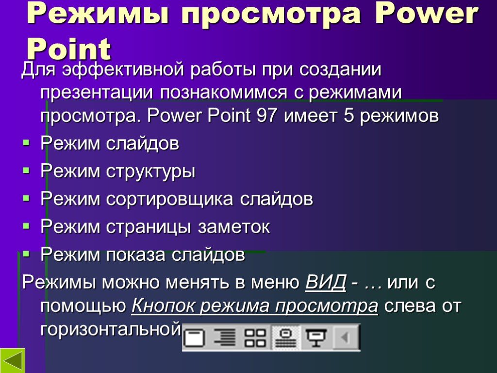 Перечисли режимы. Режимы просмотра презентации. Режимы работы с презентацией. Режим просмотра в повер поинт. Режимы просмотра слайдов.