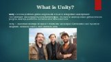 What is Unity? Unity is a cross-platform game engine with a built-in Integrated Development Environment developed by Unity Technologies. It is used to develop video games for web plugins, desktop platforms, consoles and mobile devices. Unity 1 launched onstage at Apple’s Worldwide Developers Confere