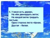 5. У меня есть дерево, На нём двенадцать веток; На каждой ветке тридцать листьев; Одна сторона листа чёрная, Другая - белая.