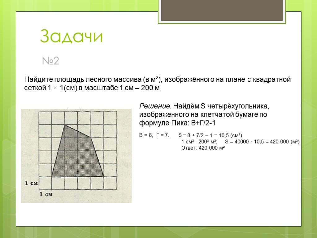 Найдите площадь фигуры х у 1. Формула пика для нахождения площади фигуры на клетчатой бумаге. Задачи на применение формулы пика. Формула пика решение задач. Найдите площадь лесного массива изображенного на плане с квадратной.