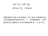 Неравенство означает, что все элементы последовательности с номерами n>N должны лежать в интервале (a – ε; a + ε).